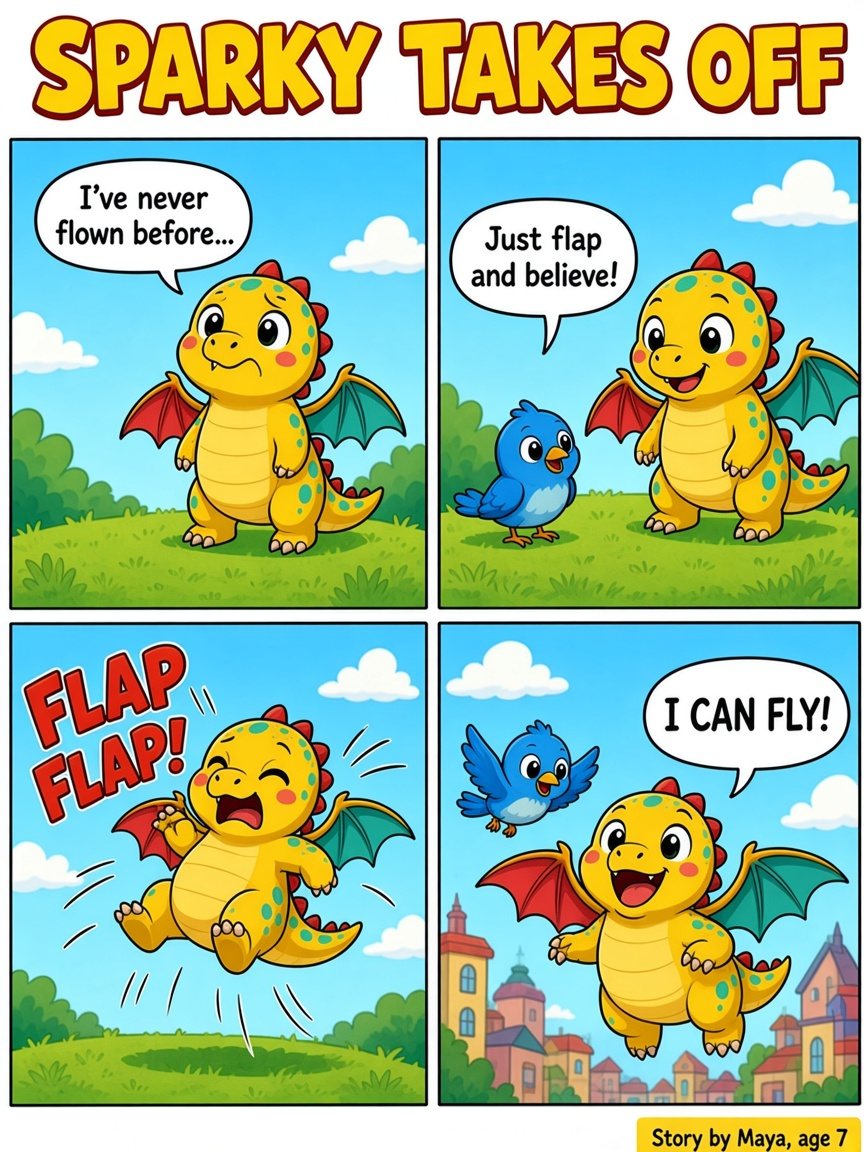 Sample four-panel comic, Sparky Takes Off: Sparky is nervous to fly, a blue bird says just flap and believe, and Sparky soars over a town shouting I can fly.