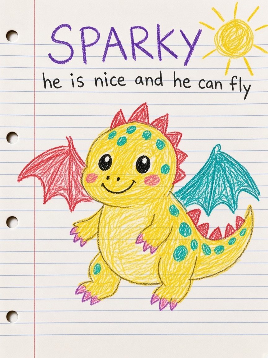 Sample kid's crayon drawing of Sparky, a yellow dragon with teal spots, one red wing and one teal wing.